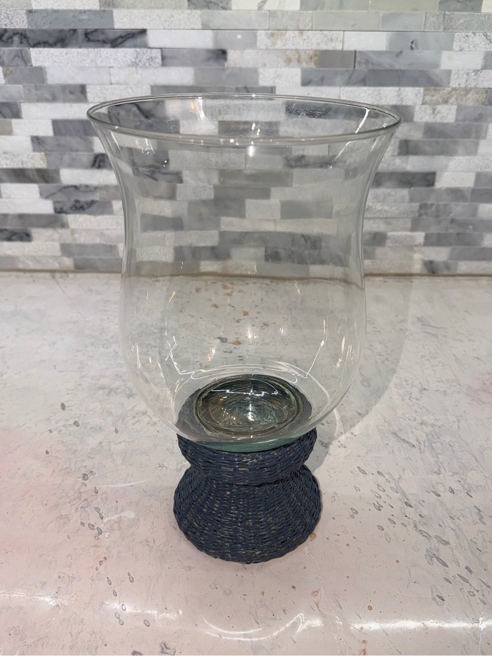 Clear Glass Hurricane Vase with Blue Woven Base